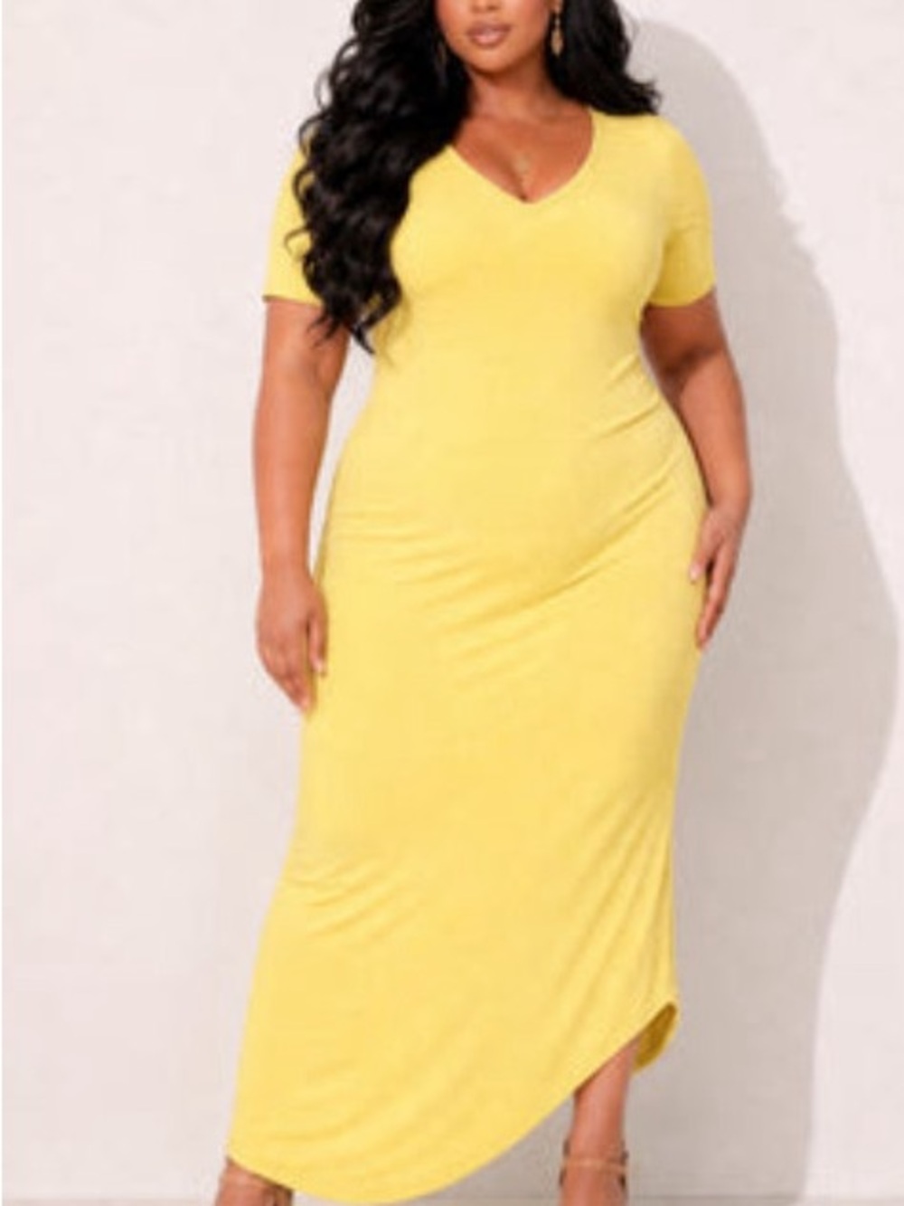 Plus-Size V-Neck Asymmetrical Maxi Dress in Yellow